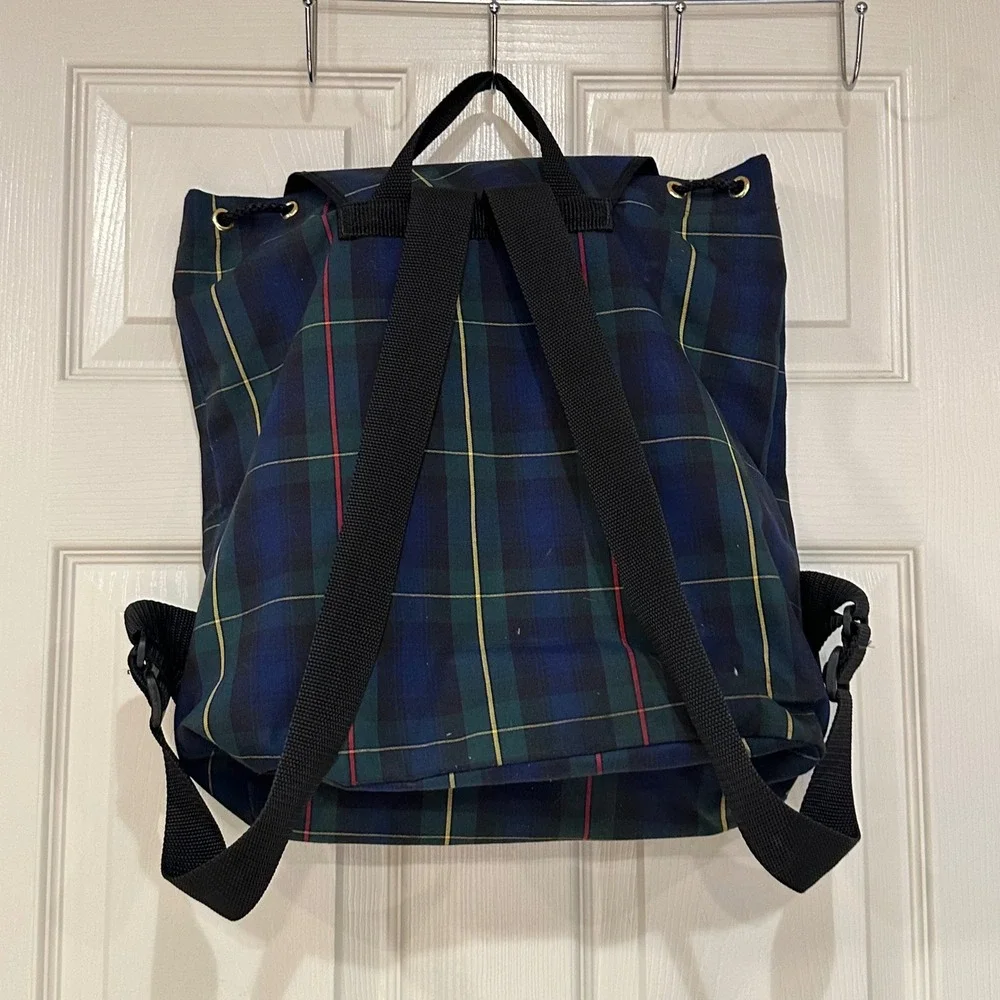 Vintage Plaid Backpack Navy Green Tartan School Bag Buckle Closure Large